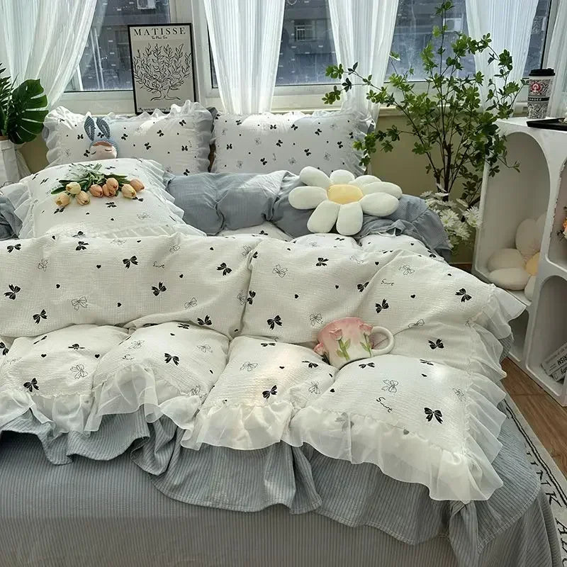 Cyflymder  Romantic French Flowers Lace Ruffles Bedding Set Washed Cotton Duvet Cover Bed Flat Sheet Pillowcases Girls Couple Bed Linens