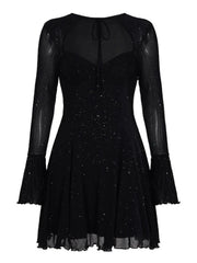 Cyflymder  Sexy Sparkly Sheer Mesh Party Dress Women Fashion Black Tie-up Low Cut Front Long Sleeve A Line Mini Midnight Club Dress