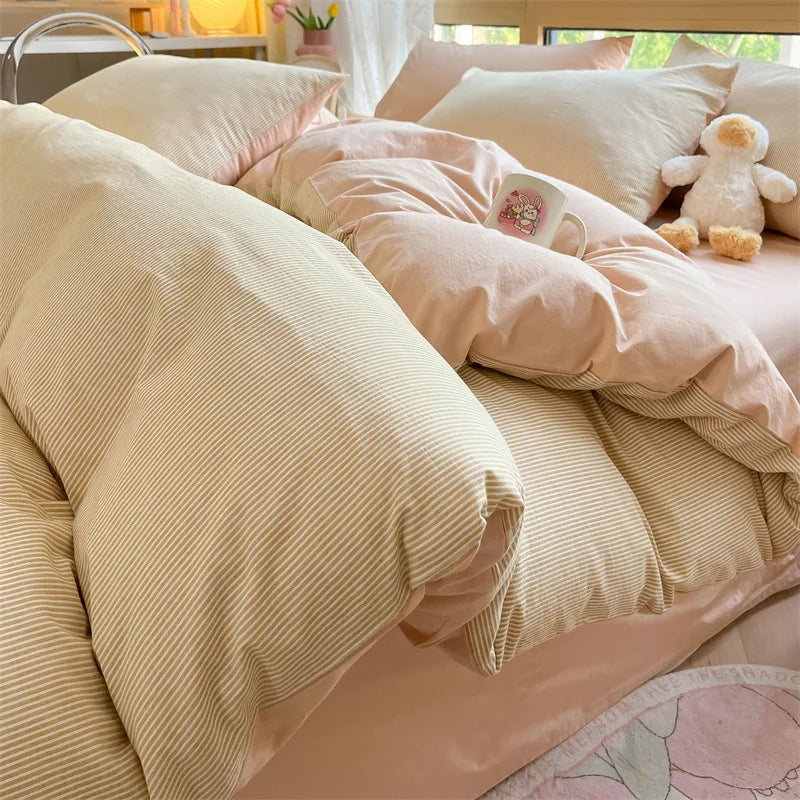 Cyflymder  Class A 100% Cotton Striped Bedding Sets Yarn Dyed Washed Cotton Breathable Duvet Cover Kit Single Bedclothes for All Seasons