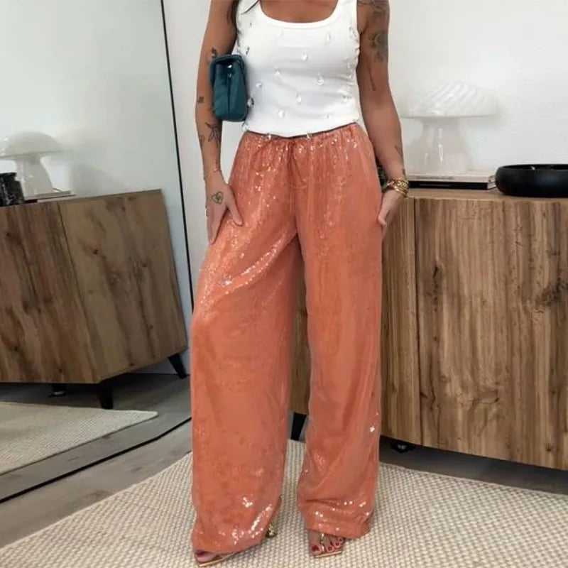 Cyflymder  Loose Solid Color Sequin Pants Woman Cinched Waist Glitter Straight Baggy Long Pants Casual Street Chic Sparkle Women's Trousers
