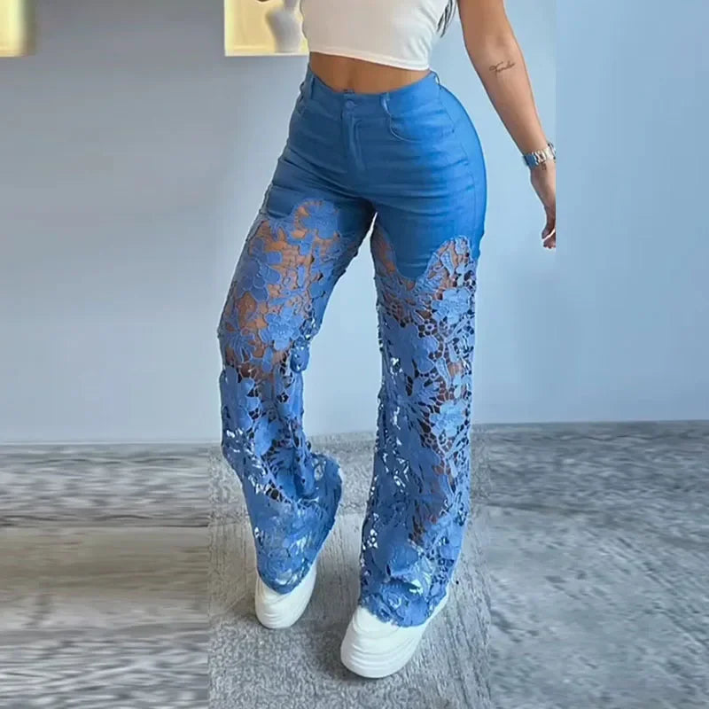 Cyflymder  Retro Lace Patchwork Women Blue Denim Pants High Waist Wide Leg Baggy Jeans Chic Y2k Fashion Casual Elegant High Street Trousers