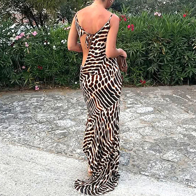 Cyflymder  Lady Casual Holiday Beach Bohemian Dress Vintage Leopard Print Slim Straps Long Dress Spring Summer V Neck Sleeveless Maxi Dress