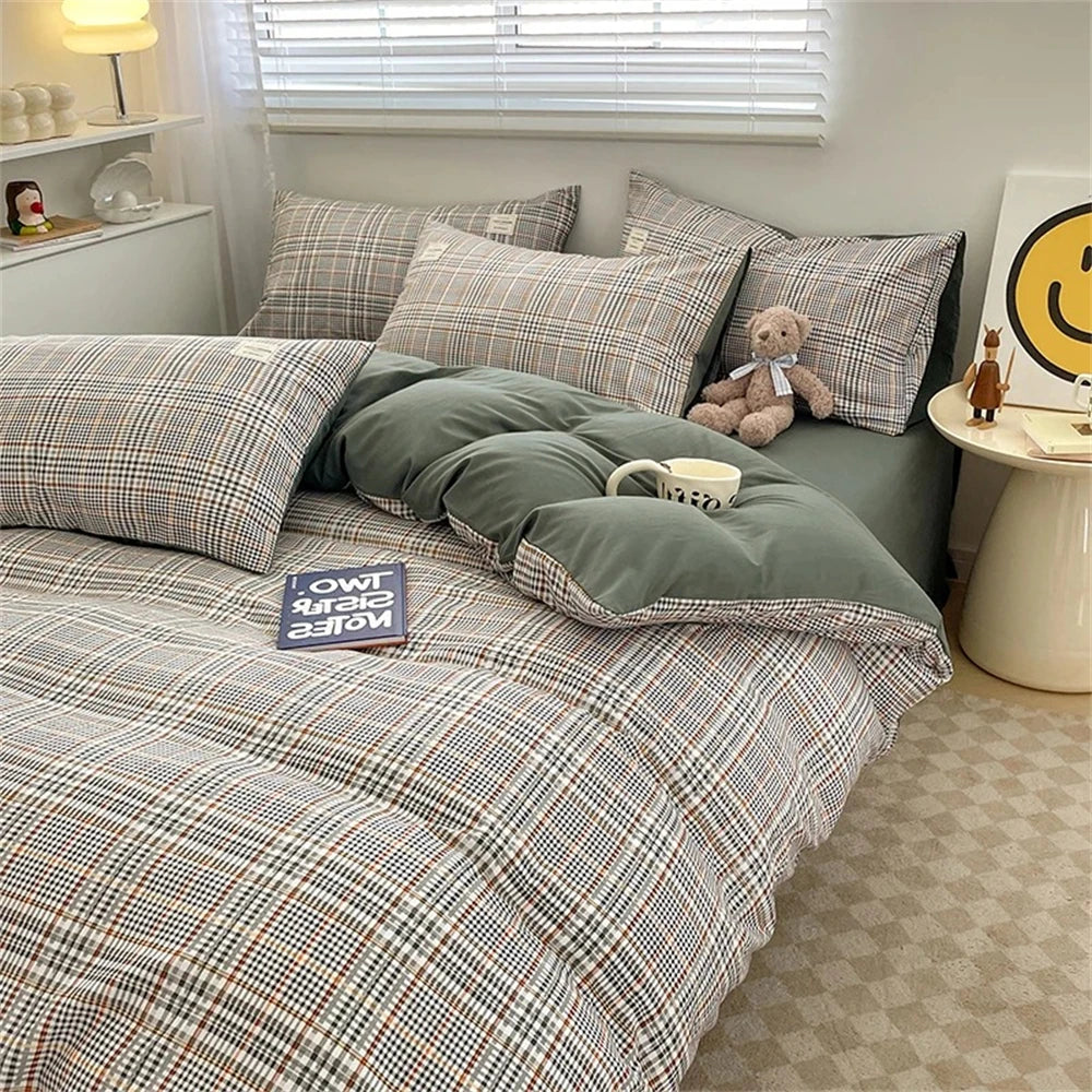 Cyflymder Japan Style Bedding Set Plaid Queen Size Duvet Cover Set With Sheets Bedroom Decor Skin Friendly King Single Double Bedding Sets