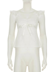 Cyflymder  Sweet Bow Bandage Folds Tank Tops Holiday Casual Slim Solid Square Collar V-Neck Tops Women 2025 Summer Fashion Lady