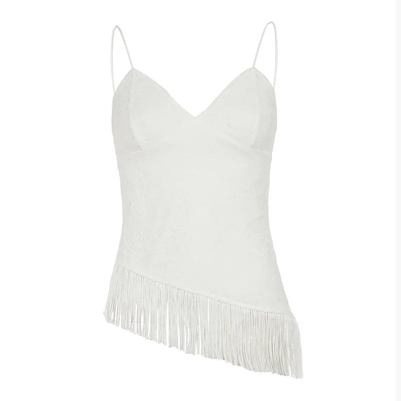 Cyflymder   Sexy Women's Top V-neck Halter Sleeveless Skew Tassel Hem Solid Female Tops Summer High Street Chic Fashion Lady Outwear