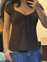 Cyflymder  Women Fairy Grunge Coquette Shirts Y2K Polka Dot Puff Short Sleeve Babydoll Tops 90s Girls Vintage Aesthetic Blouses