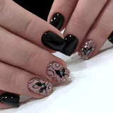 Cyflymder Press on Nails Black Butterfly French Fake Nails Rhinestone False Nail Patch Short Ballet Full Cover Artificial Art Nail Tip