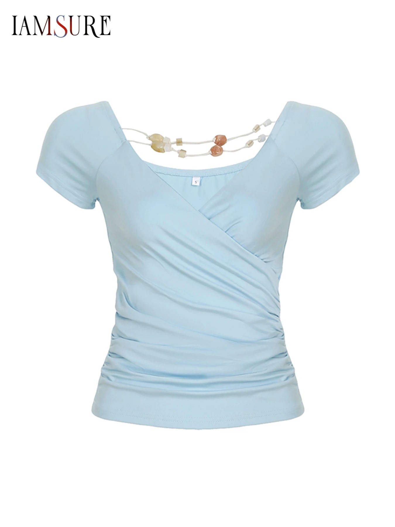 Cyflymder  Holiday Slim Folds Cropped T Shirt Casual Sexy Deep V-Neck Short Sleeve Tees Women 2025 Summer Fashion Streetwear Ladies