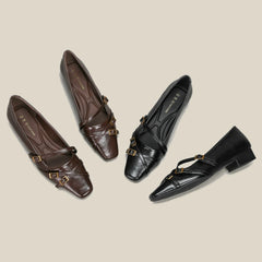 Cyflymder   Women Mary Jane Pumps Square Toe Single Shoes Low Block Heel Multi‑Buckle Strap Faux Leather Vintage Retro Ladies Dress Shoes