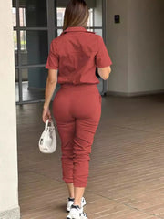 Cyflymder  Jumpsuit Women Wholesale Casual Fashionable Tight Fitting Short Sleeved Lapel Multi Pocket Elastic Button Fancy Club
