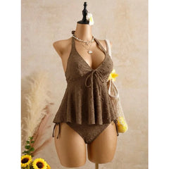 Cyflymder   Women's Chic Solid Color Jacquard Swimwear V Neck Halter Backless Lace Up Bikini Set Split Bathing Suit New Sexy Beachwear