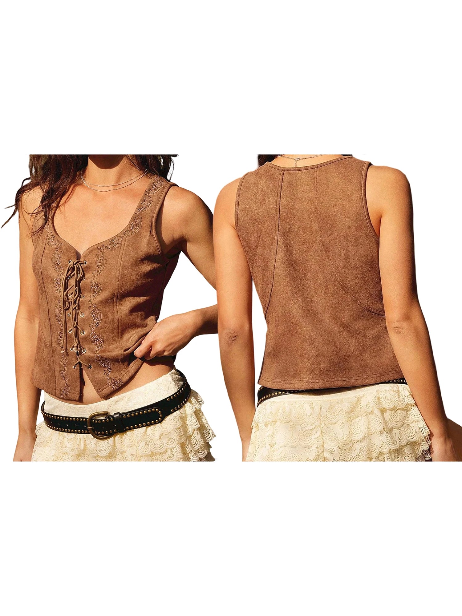 Cyflymder  Elegant Floral Embroidered Sleeveless Blouse with Tie Bow Front and V Neckline Perfect for Summer Outfits