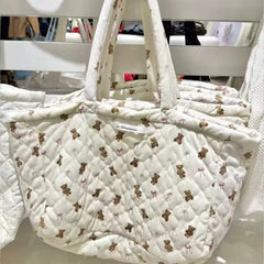 Cyflymder   Sweet Cute Bear Bow Tote Bag Women White Diamond Quilting Large Capacity Shoulder Bag Ladies Daily Casual Versatile Shopping Bag