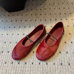 Cyflymder  Horsehair Mary Jane Flats for Women Round Toe Elastic Strap Ballet Flats Luxury Genuine Leather Casual Shoes Red/Black Daily