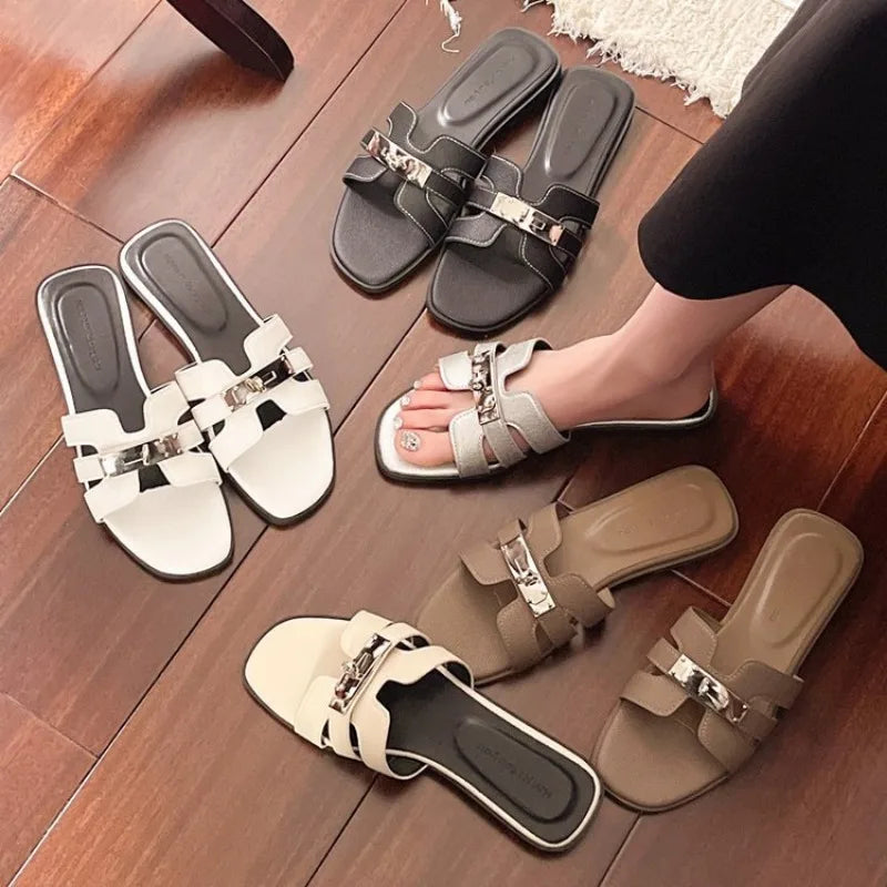 Cyflymder  Women's Flat Shoes Barefoot Outside Woman Pu Cross Belt Slippers Women Metal Decoration Sandals Summer Ladies Fashion Shoe