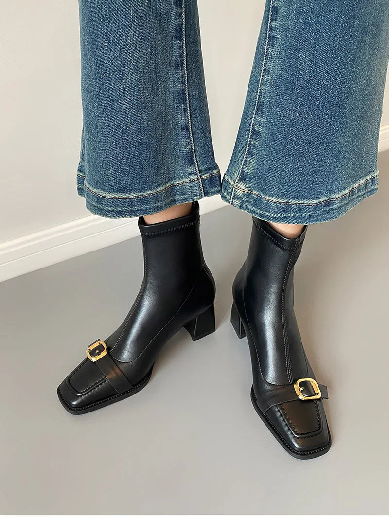 Cyflymder  Vintage Thick Heel Woman Ankle Boot Fashion Belt Buckle Ladies Elastic Slim Short Booties Autumn Winter Women's Shoes