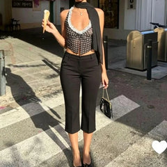 Cyflymder  Women Side Slit Capri Pants Stretchy Slim Fit Capris Yoga Leggings Y2k Knee Length Going Out Cropped Pants