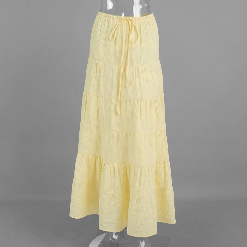 Cyflymder  Yellow Loose Cake Maxi Skirt Female Lace Up Patchwork Casual Low-Waist Streetwear Solid Clothes Female Maxi Skirts 2026