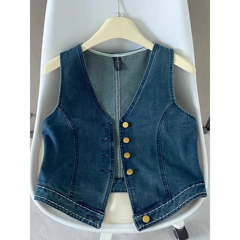 Cyflymder  American Retro Denim Vest Female Stacked Sleeveless Vest