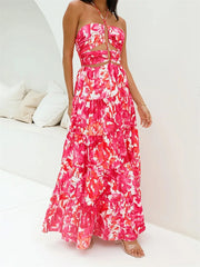 Cyflymder  Elegant Floral Print Sleeveless Halter Neck Maxi Dress with Open Back and Hollow Out Detail for Summer Events and Parties