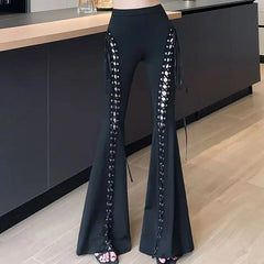 Cyflymder  Y2K Women's Flare Pants Lace-up Summer Glam Sexy Cut-Out Bell Bottom Trousers 2000s Vintage Y2K Trousers Streetwear A143