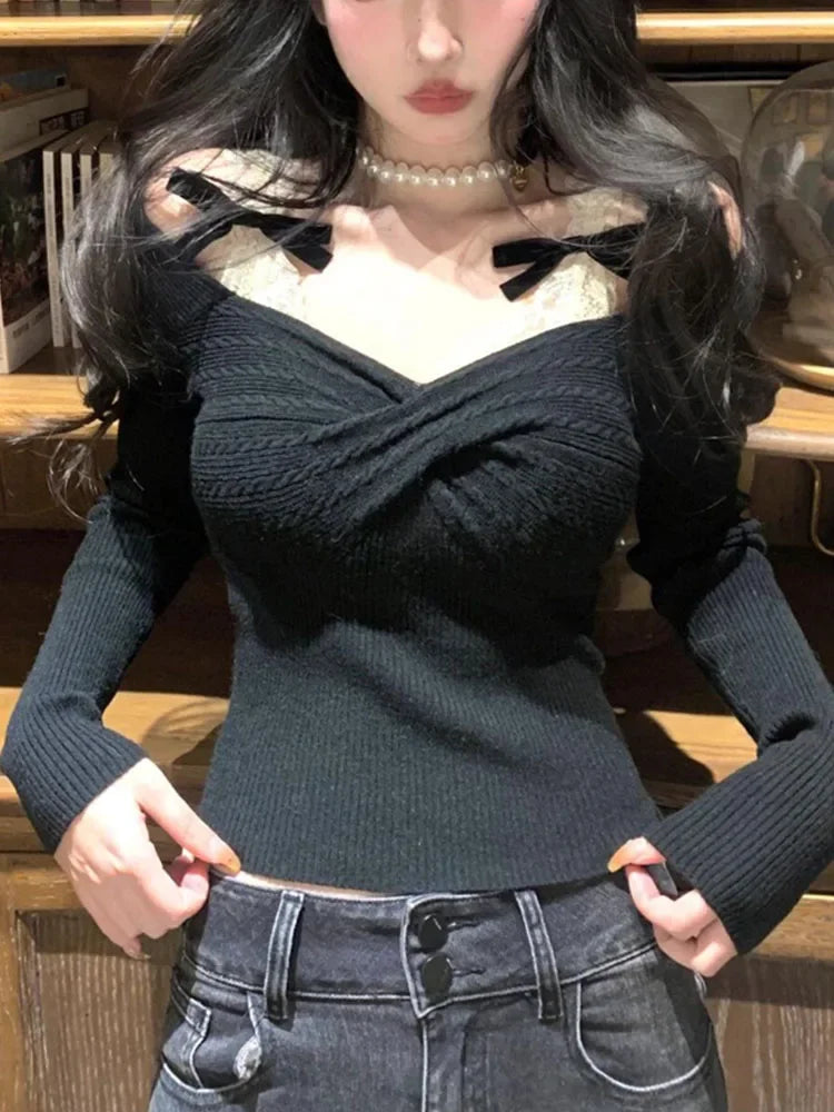 Cyflymder Spring Knitted Sweater Women Bow Fake Two Pieces Long Sleeve Slim Pullovers Black Chic Gothic Korean 2000s Vintage Y2k Clothing