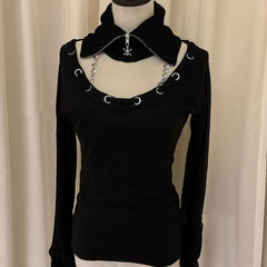 Cyflymder  Euramerican Turn Down Off The Shoulder Fake Two Piece Harajuku Y2k Front Cross Lace Up Design Spice Girl Shirt Street Clothes
