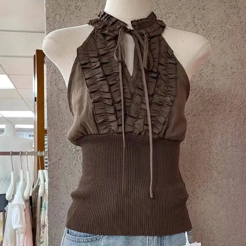 Cyflymder  Vintage Patchwork Halter Tops Sleeveless Tank Tops Women Korean Fashion Retro Blackless 2000s Clothes Y2k Chic