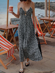 Cyflymder  Women's Floral Print V-Neck Midi Camisole Dress Sleeveless Backless Lace-Up Waist Cinching Autumn Fashionable Dress