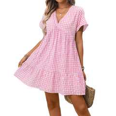 Cyflymder  New Women's Clothing Loose Casual Elegant Short-sleeved Plaid Dress