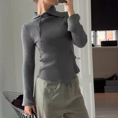 Cyflymder  Elegant Simple Solid Turn Down Collar Lrregular Single Breasted Pullovers Y2k Aesthetic Knitted Casual French Tops Punk Knitted