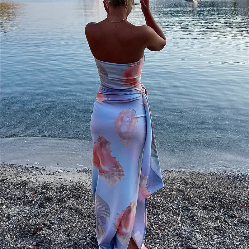 Cyflymder  Women Strapless Maxi Dress Boho Floral Print Bodycon Long Tube Dress Summer Tie Waist Long Holiday Beach Sundress