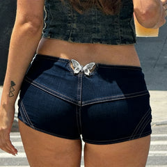 Cyflymder  Street Fashion Butterfly Decoration Imitation Denim Low Waist Shorts Women Slimming Summer All Match Micro Bottoms