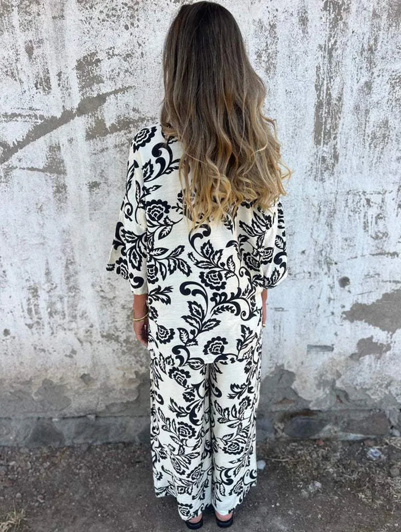 Cyflymder  Hot Sale Printed Women's Two Piece Sets Vintage Turndown Collar Long Sleeve Shirt Elastic High Waist Baggy Casual Pants