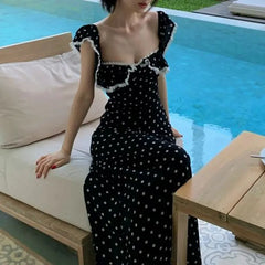 Cyflymder  Female Clothing Square Collar Lace Dresses Polka Dot Summer New Stylish Ruffles French Style Flying Sleeve Aura Waist Long Dress