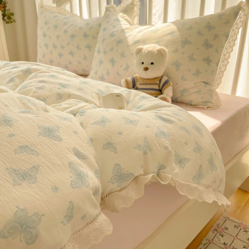 Cyflymder  New A-Class Hollow Lace Bedding Set Fitted Sheet Quilt Cover Pillowcase for Spring Summer Korean Skin Friendly Cozy Bedclothes