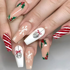 Cyflymder  Christmas Press on Nails Red Stripe Deer Snow Pattern Fake Nails for Women Wearable Winter Long Coffin/Almond False Nails