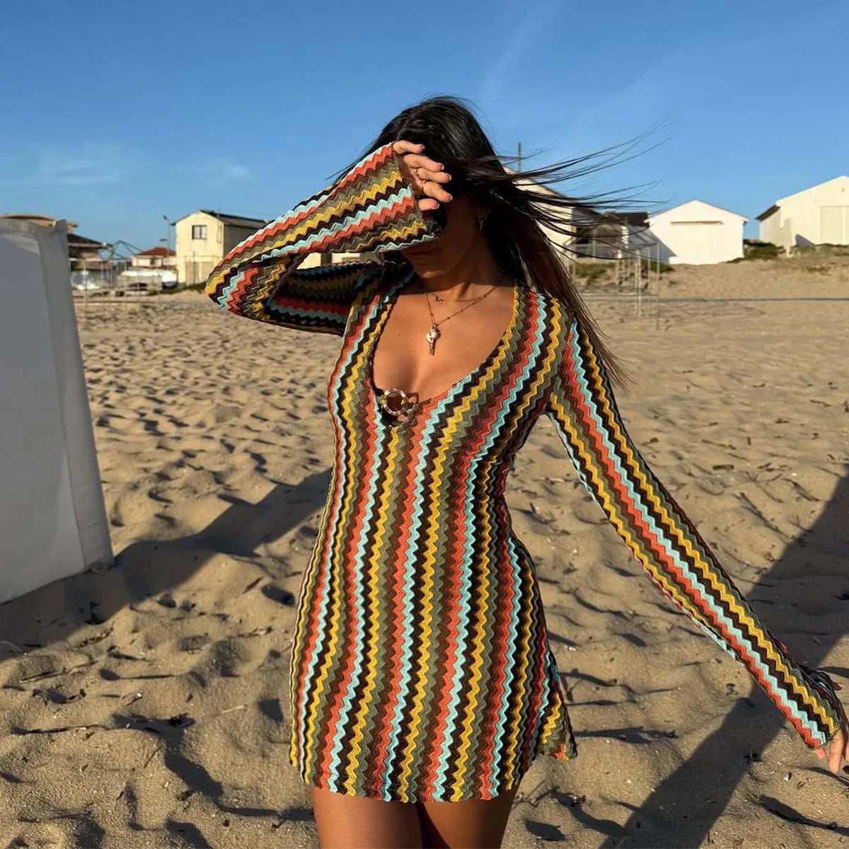 Cyflymder  Color Block Striped Women Bodycone Mini Dress V Neck Long Bell Sleeve Slim Hollow Out Sexy Short Fashion Holiday Outfit