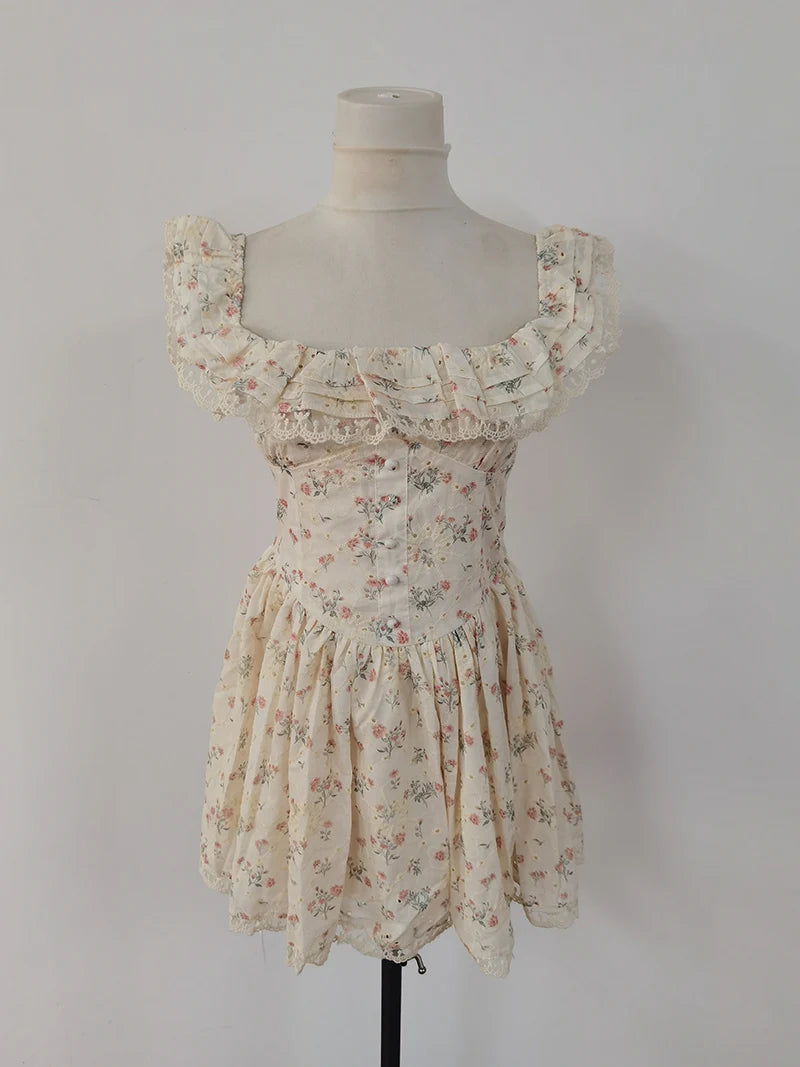Cyflymder  French Style Hot Girl Floral Dress Women's Spring Lace Slim Fit Square Collar Strap A-line Short Dress Fashion Female Clothes
