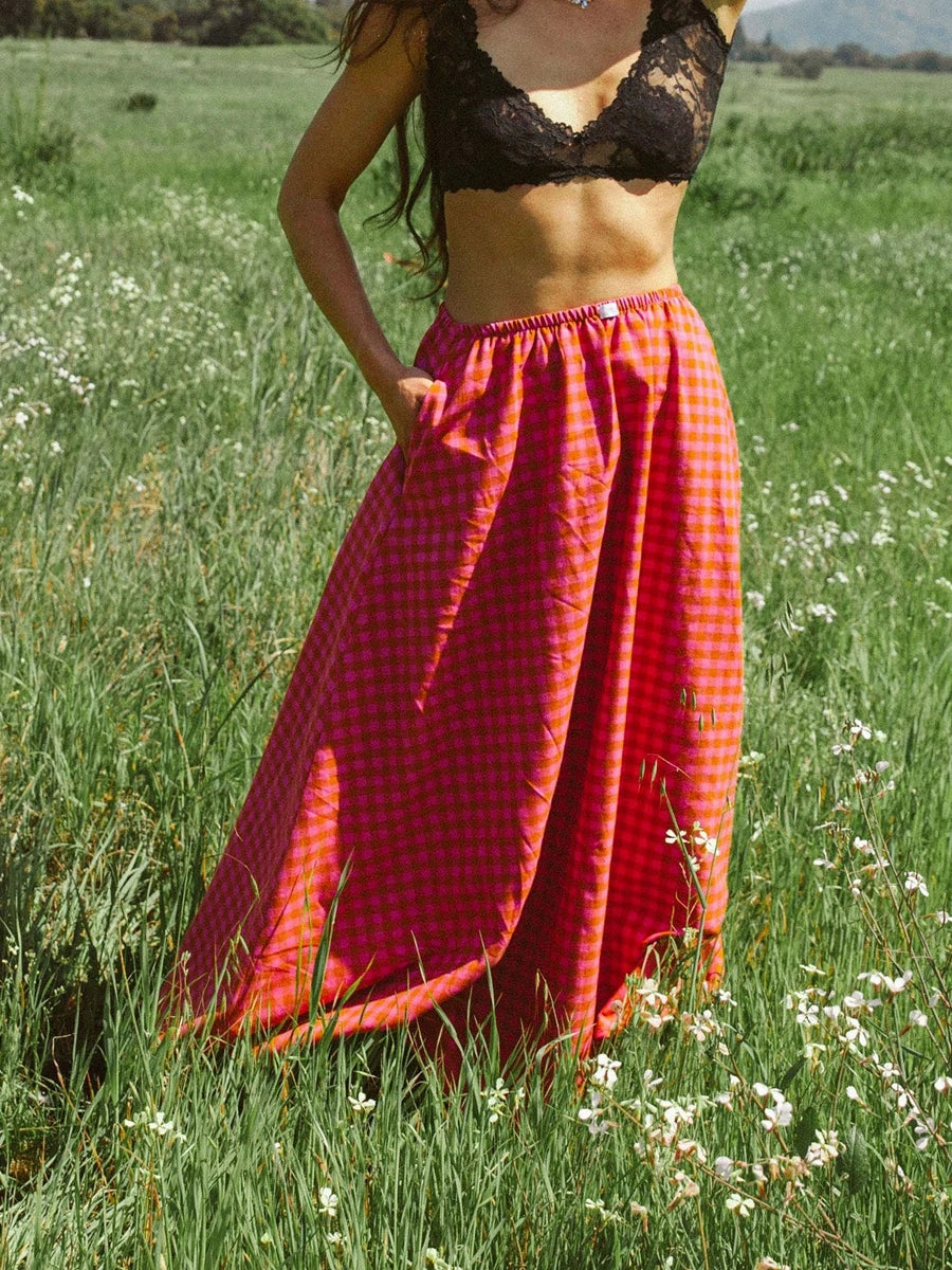 Cyflymder  Y2k Women Gingham Maxi Skirts A Line Ruffle Plaid Midi Skirt Flowy Long Skirt Losse High Waist Summer Vintage Streetwear