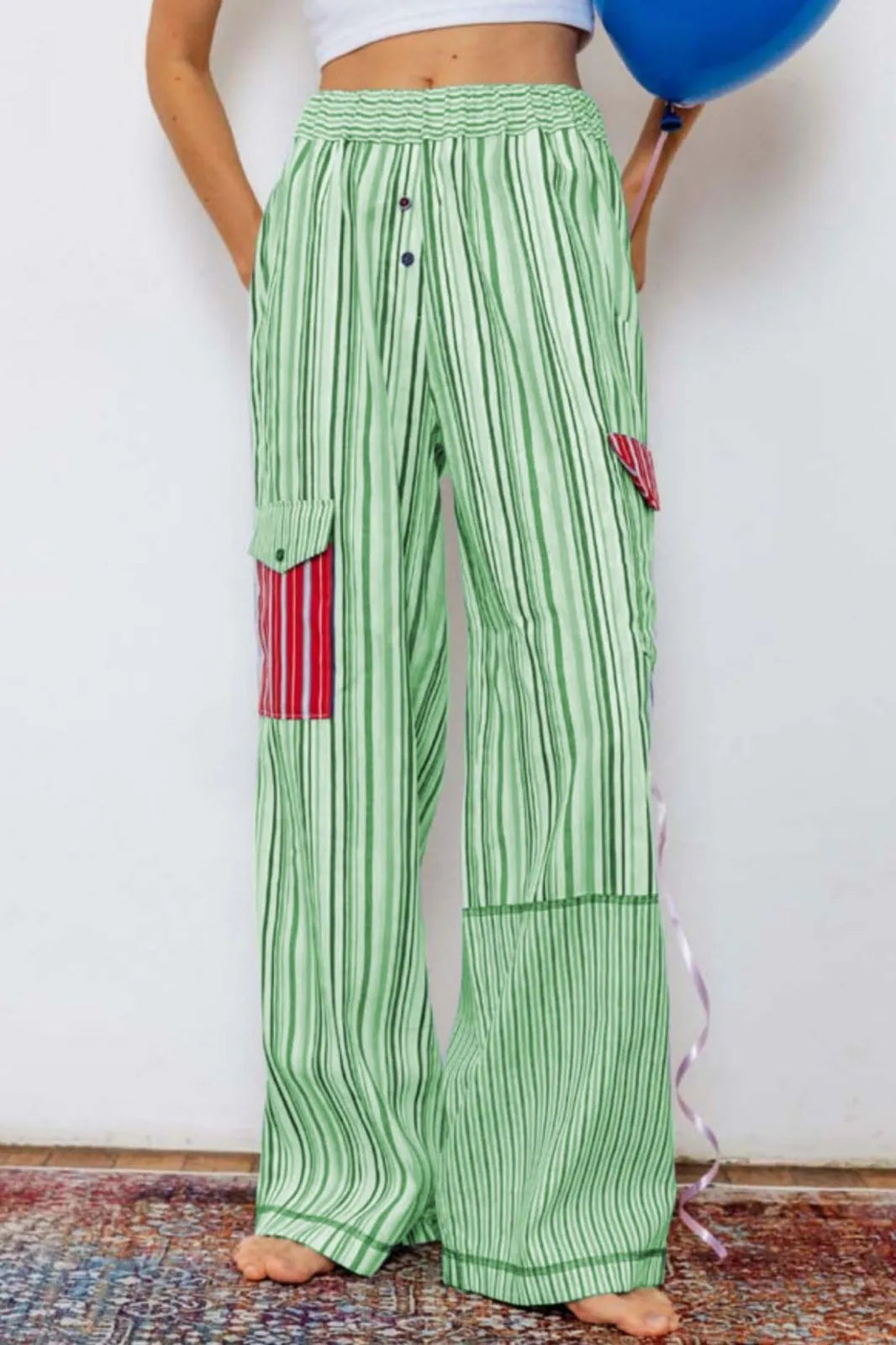 Cyflymder  Fashion New Style Striped Patchwork High Street Long Pocket Trousers Elastic High Waist Casual Versatile Cool Pants For Girls