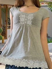 Cyflymder  Women s V-Neck Short Sleeve T-Shirt with Floral Lace Detailing and Button Accents - Casual Loose Fit Top for Summer Spring