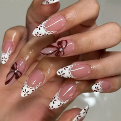 Cyflymder  24Pcs French White Lace Nails Set Press on Bow Flower Pearl Full Cover Fake Nails Tips Mid-length Almond Detachable False Nails