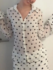 Cyflymder  Matching Polka Dot Outfit For Women Trendy Lapel Placket Front Sheer Blouse Bodycon Mini Skirt Suit Lady's Casual Night Out Set