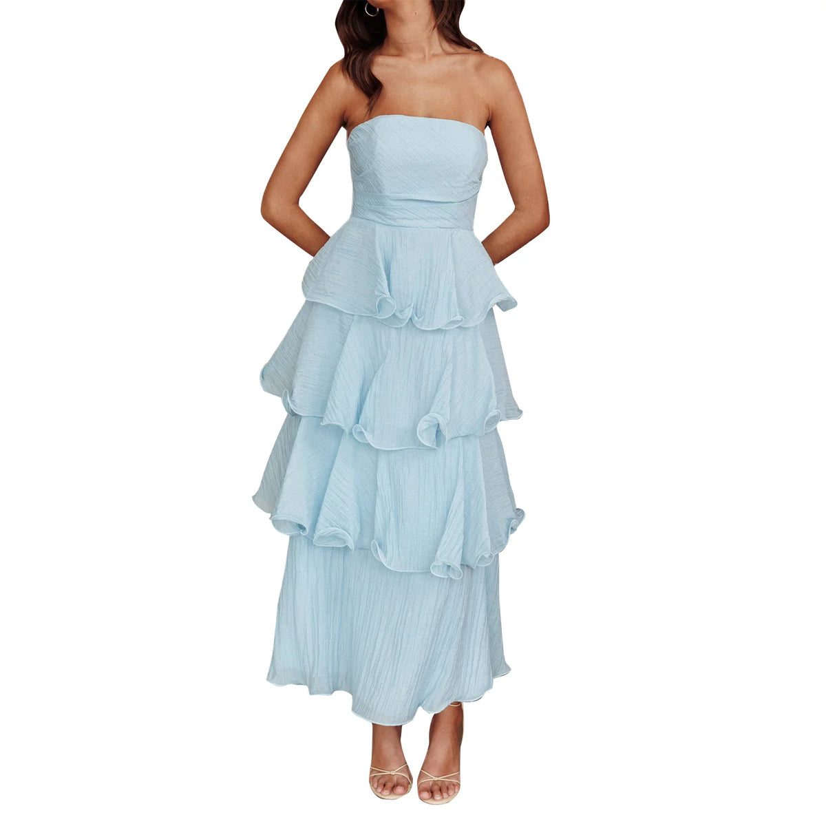 Cyflymder  Elegant Off-Shoulder Maxi Dress with Ruffle Detailing and Tiered Skirt for Women Summer Solid Color Backless Dress