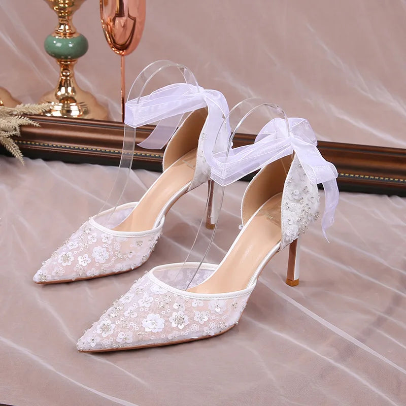 Cyflymder Size 33-42 Summer Beaded Women White Wedding Shoes Ankle Strap Pointed High Heel Pumps