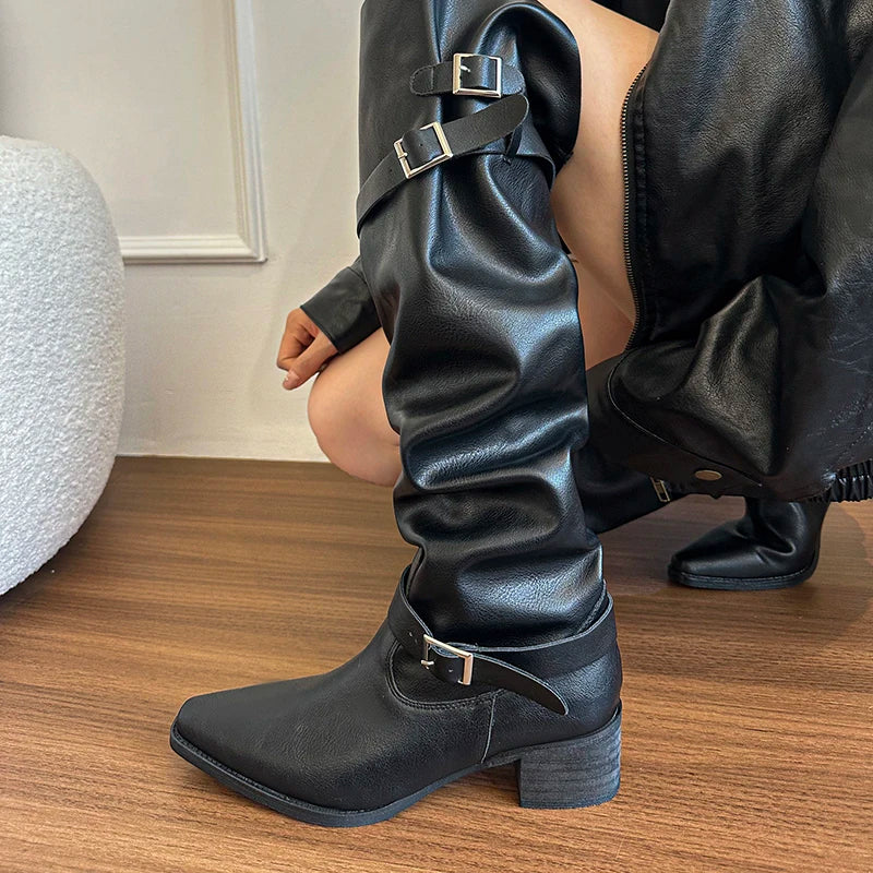Cyflymder  Autumn Winter Pleated Women Knee High Boots Vintage Square Low Heels Shoes Female Belt Buckle Long Booties