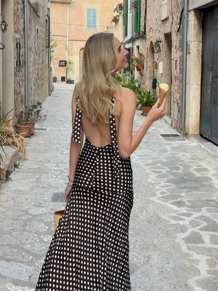 Cyflymder  Polka Dot Halter Backless Long Dress Women Off Shoulder V-neck Scarf Sexy Sleeveless Dresses 2025 Summer Street Holiday Robe
