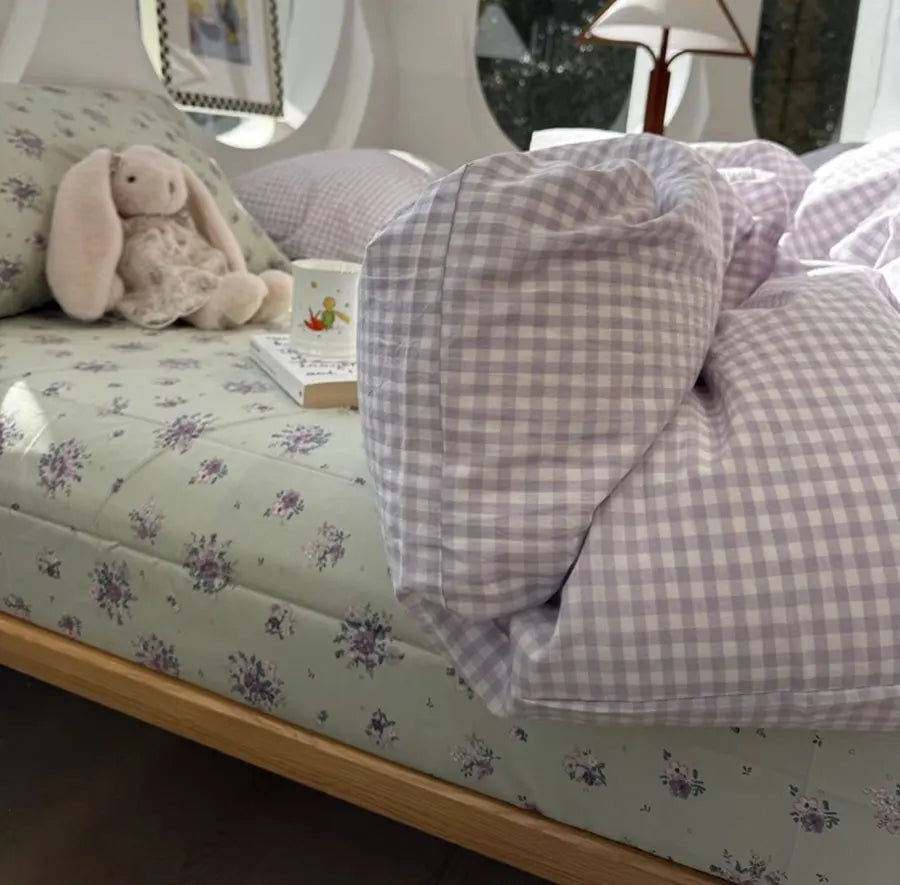Cyflymder  Romantic sweet purple plaid flower bedding set,twin full queen king fairyfair cotton home textile sheet pillow case quilt cover