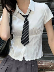 Cyflymder  Prepppy Style Casual Solid Lace Trim Blouse Slim Turn Down Collar Short Sleeve Shirts Women Summer Fashion Ladies